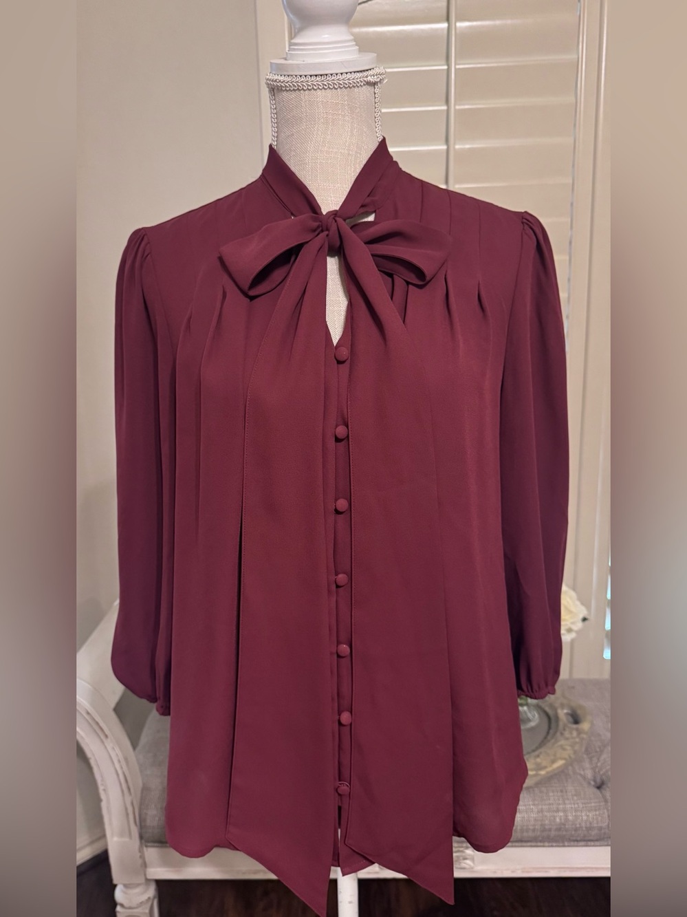 New York and Company Wine Bow Tie Button-Front Blouse